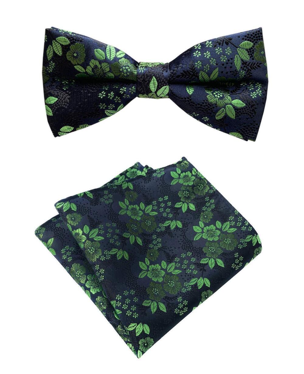 3428 Green Black 100% Silk Bow Tie Pocket Square Set Cravat Woven Jacquard